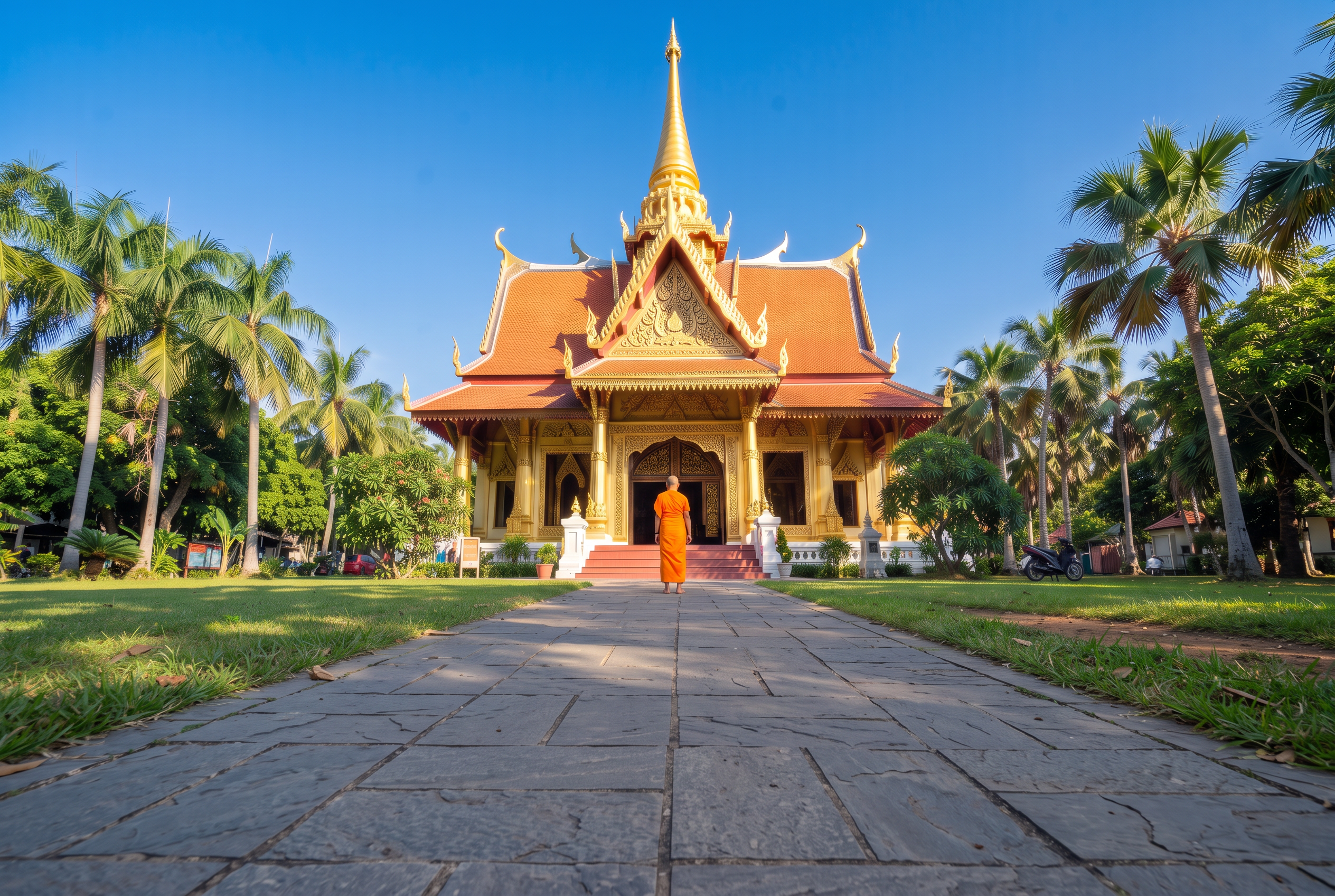 Moine bouddhiste en robe orange, de dos, marchant vers un temple thaïlandais doré entouré de palmiers